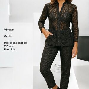 Vintage Cache Dressy Beaded Black Over Emerald Green Rose Lace Dressy Pant Set